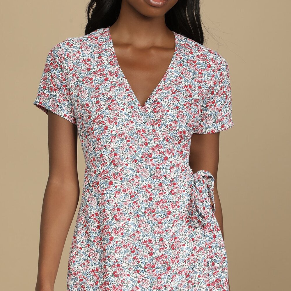 NWT Lulus Playing Around Cream Multi Floral Print Wrap Skort Romper (sz SM)